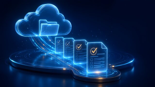 Automated document workflow and data migration concept showing digital files with checkmarks flowing into a secure cloud storage folder