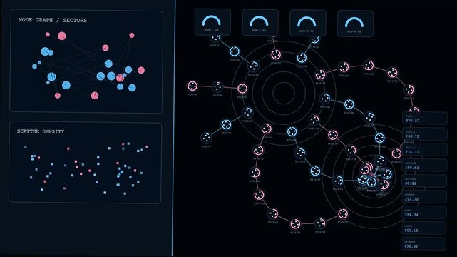 A detailed revenue projection visualized via glowing digital node networks and circular interface patterns as complex data points populate dark screens during a technical computer operation