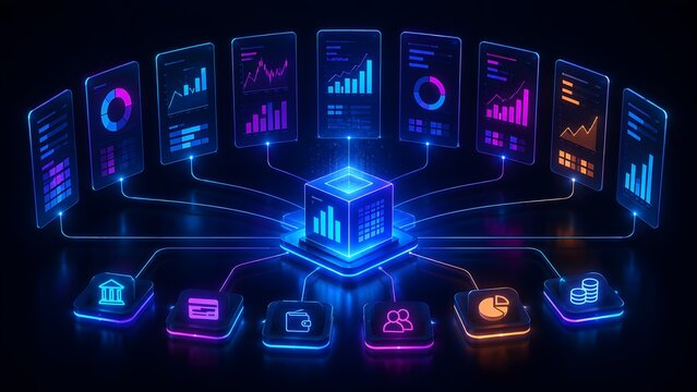 Futuristic centralized digital data hub connecting financial analytics dashboards and fintech banking service icons on glowing cyber network