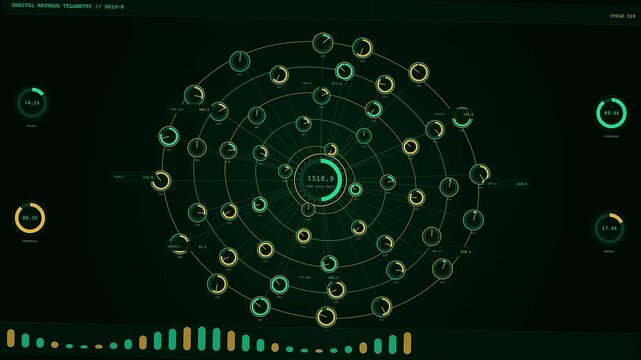 A digital revenue projection interface displays complex node growth patterns across three evolving stages featuring animated circular gauges and glowing green data points in dark space