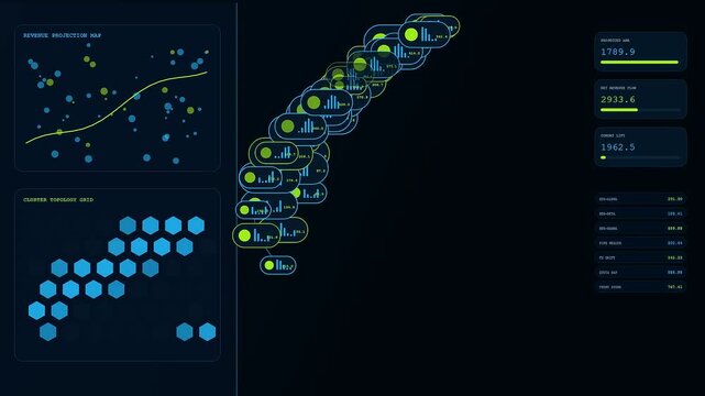 a futuristic revenue projection interface featuring glowing circular nodes and hexagonal grid patterns displayed on a dark virtual monitoring screen during a digital data analysis sequence