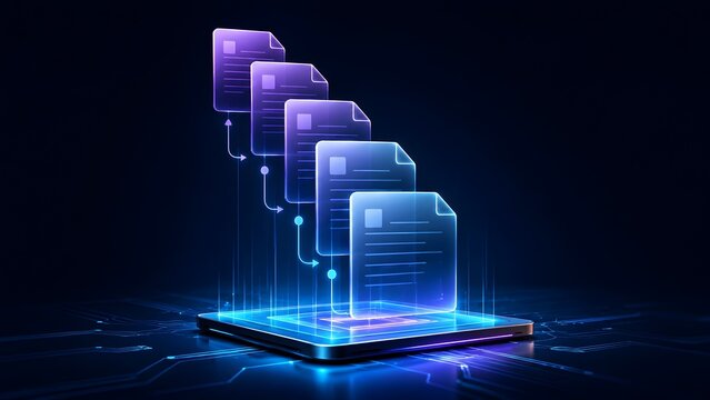 Digital document workflow automation showing glowing holographic files streaming from futuristic microchip processor