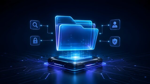 Secure digital folder hovering over microchip processor with verification and privacy icons for electronic archiving