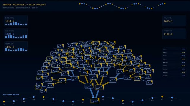 A digital revenue projection dashboard interface shows dynamic nodes branching into complex tree structures representing growth and simulated financial data analytics within a dark virtual environment