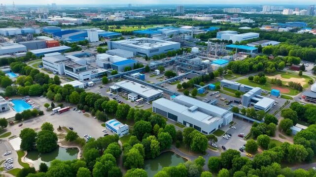 Aerial view of a modern industrial complex with interconnected buildings, pipelines, and green landscaping