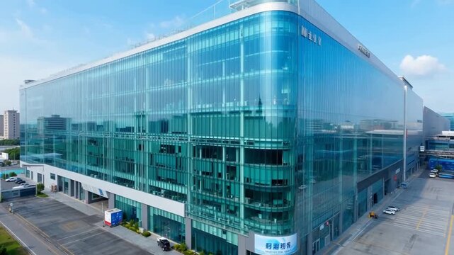 Aerial view of a modern glass-clad building with reflective blue-tinted facade and surrounding urban infrastructure