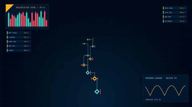 A detailed revenue projection dashboard showing complex financial data and digital bar charts on a dark navy screen interface captured in a cinematic studio environment setting