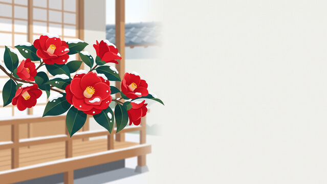 Red Camellia Flowers by Shoji Screen Window with Mountain View