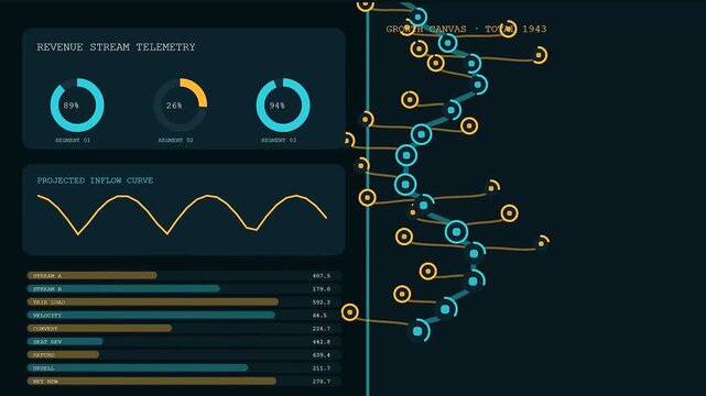 A digital revenue projection interface displaying complex financial charts and data nodes on a dark screen within a simulated futuristic workspace for analytical monitoring purposes