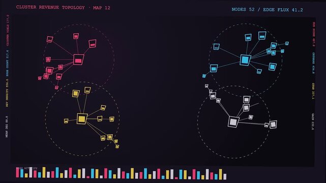 a revenue projection visualization sequence displays network cluster nodes expanding on a dark digital interface showing data flow growth over three stages of computer processing
