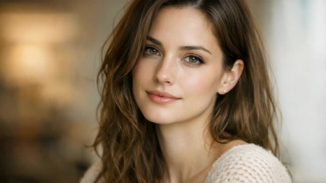 Softly lit portrait of a woman with wavy brown hair. She gazes downward with a gentle, serene expression. Warm tones and blurred background emphasize her calm presence