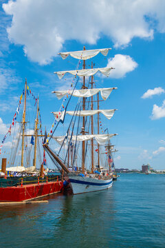 Juan Bautista Cambiaso, a Barquentine sailing ship of Dominican Republic, docked in Boston Seaport durning Sail Boston 2026, Boston, Massachusetts, MA, USA.