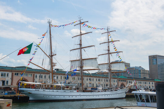 Sagres, a Barque sailing ship of Portugal, docked in Boston Seaport durning Sail Boston 2026, Boston, Massachusetts, MA, USA.