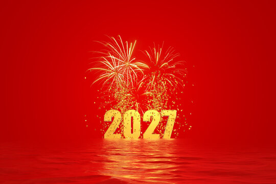 3D Render of Golden 2027 Numbers with Fireworks and Confetti Reflecting on Red Water Background with Copy Space for New Year Greeting Card