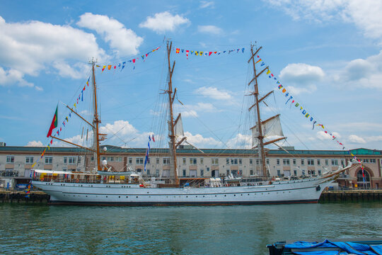 Sagres, a Barque sailing ship of Portugal, docked in Boston Seaport durning Sail Boston 2026, Boston, Massachusetts, MA, USA.