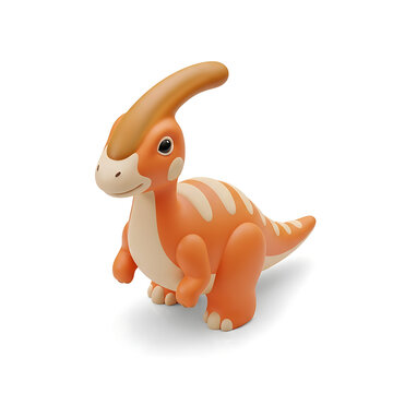 Cute orange cartoon Parasaurolophus dinosaur toy on white background