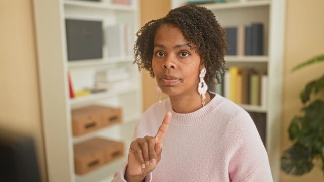 Young woman pointing finger at computer in building study, visible finger gesture and dangling earrings; assertion concentration.