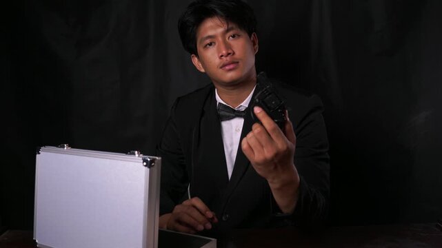 Serious hitman in a tuxedo opens a silver briefcase and readies a handgun in a dark room. Concept of a secret agent, organized crime, underworld deal, and dangerous assassin.
