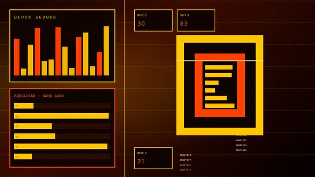 Digital signal shielding displays flicker with animated graphs and fluctuating yellow data bars on a dark grid backdrop providing a futuristic interface for monitoring network traffic