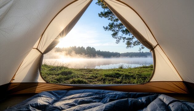 Scenic sunrise view of misty lake from inside a tent
