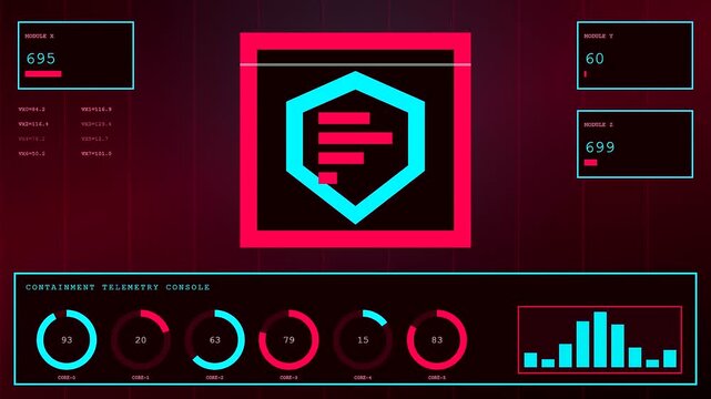 Digital displays showing signal shielding protocols with animated data metrics and scrolling telemetry numbers within a dark virtual environment for modern security analysis software system interfaces