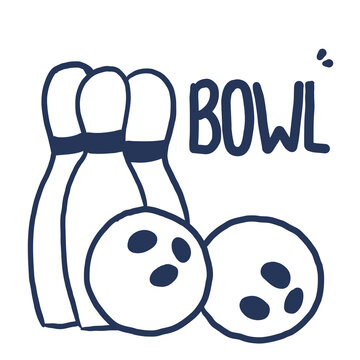  Hand drawn bowling pins and balls doodle vector illustration isolated on white background with word BOWL.