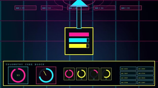 Digital displays showing signal shielding status with glowing neon charts and wireless network connection bars pulsing rhythmically across three separate analytical panels in dark environments
