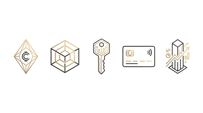 Crypto finance symbols feature geometric diamond shapes and structural cubes paired with a credit card and ascending chart arrows to highlight digital economic progress.