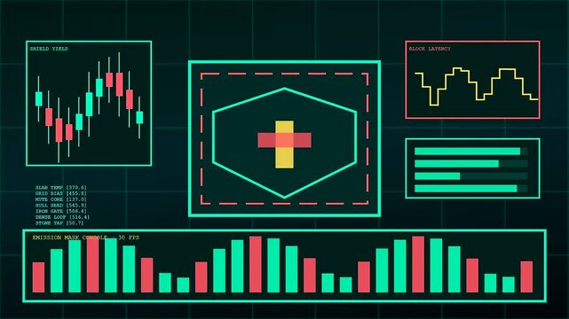 Signal shielding monitors display digital waveforms and changing bar graphs inside a dark laboratory interface depicting complex data flows through glowing neon green lines and charts