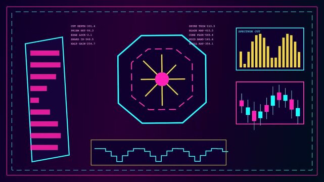 Signal shielding displays showing animated digital wave patterns and bar graphs with glowing neon interface lines that flicker across three separate panels in dark room