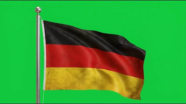 German flag waving on flagpole against green background. National banner of Germany fluttering in wind for patriotic events and corporate branding.