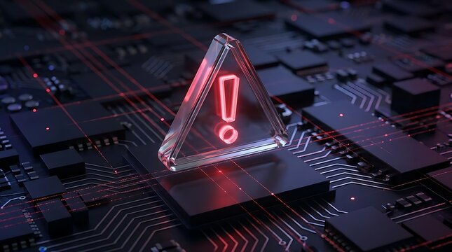 Red exclamation mark on digital circuit board