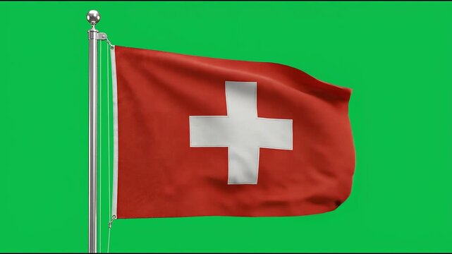 Swiss flag waving in the wind on vibrant green background. National symbol of Switzerland fluttering against solid chroma key backdrop for seamless...