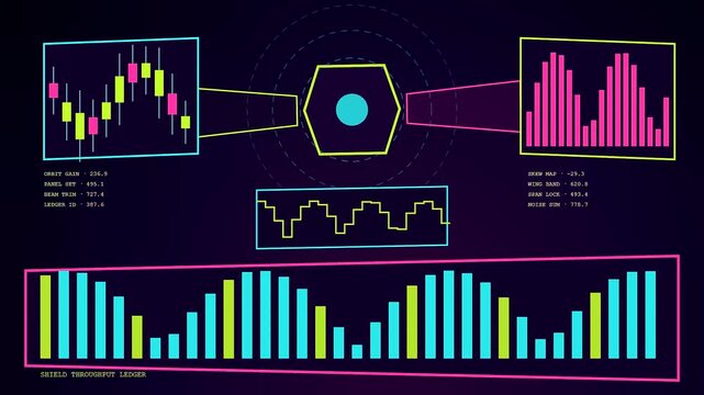Displaying signal shielding data visualization of fluctuating digital metrics in a vibrant neon interface featuring pulsing geometric shapes and oscillating bars with dark violet gradients