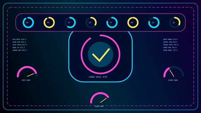 Digital displays featuring signal shielding monitoring systems with rotating circular gauges and dynamic neon interface elements showing abstract data patterns captured in a studio setting