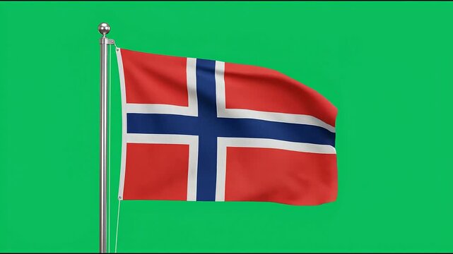 Norwegian flag waving in the wind on vibrant green background. Scandinavian national banner fluttering against solid color backdrop for design proj...
