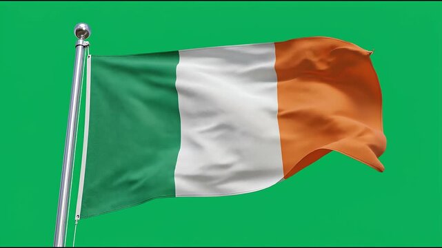 National Irish tricolor flag waving on metal pole against green screen background