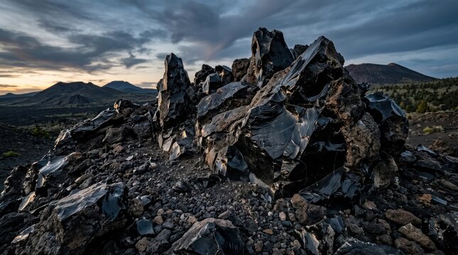 Jagged rock formation landscape under dramatic sky