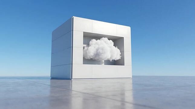 White cube with cloud in opening under blue sky