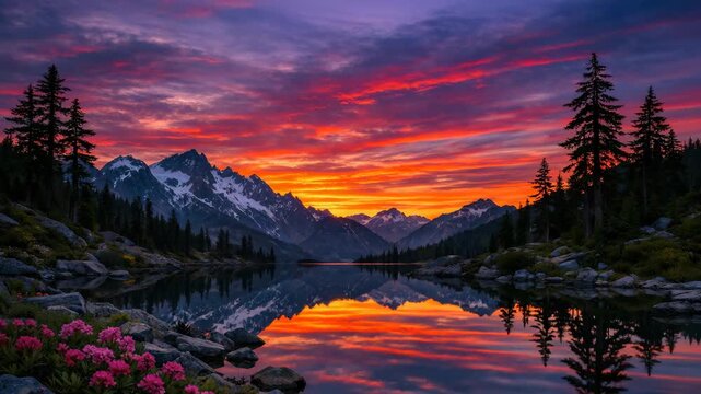 Spectacular view of a mountain lake at sunset with vibrant reflections and clear skies.