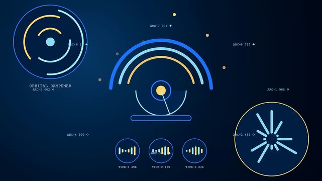Signal shielding interface displays geometric circular motifs with shifting orbital lines and rhythmic pulsing data bars presented against a dark navy blue digital environment
