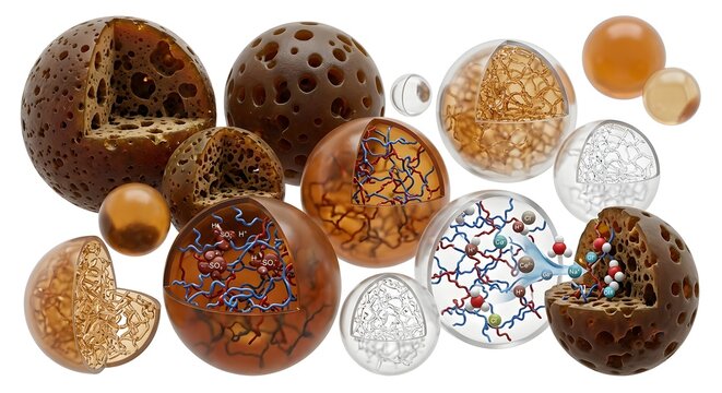 Scientific 3D Render of Ion-Exchange Resin Beads with Internal Molecular Structure Cross-Section