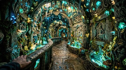 Obraz premium Fantasy cave pathway glowing crystal illumination ornate