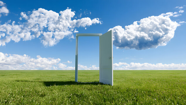 Summer landscape artwork with an open door, detailed green grass, and floating cloud formations