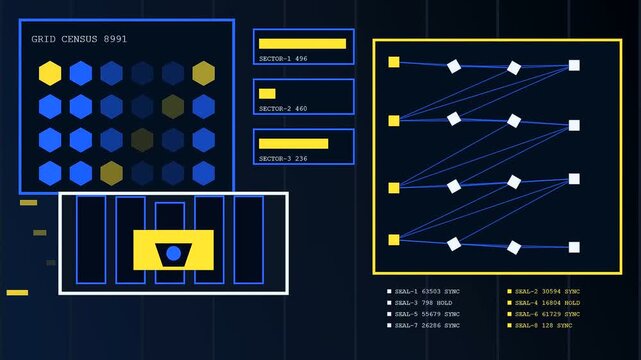 Signal shielding monitors display complex grid census data points with shifting hexagonal patterns and linear connection paths rendered in vibrant neon colors against dark digital interfaces
