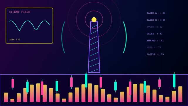 Signal shielding interface displays radio frequency wave metrics through oscillating light pulses and glowing data graphs across three vibrant purple digital computer monitor dashboard screens
