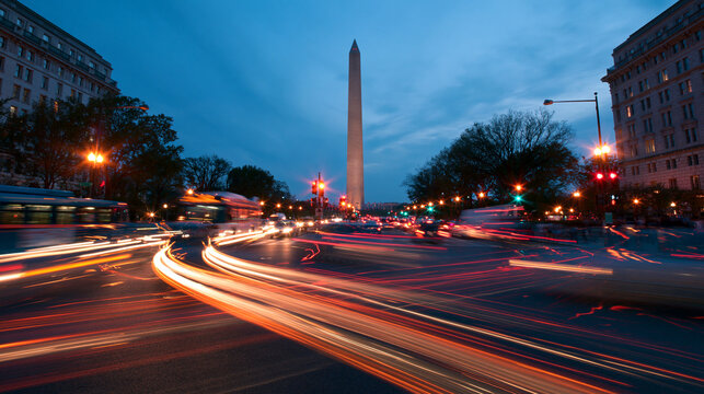 Washington Monument at Dusk with Traffic Light Trails