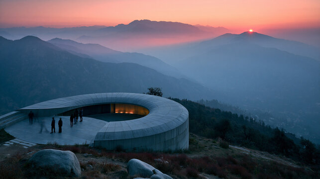 Modern Concrete Observatory on Mountain Peak at Sunrise