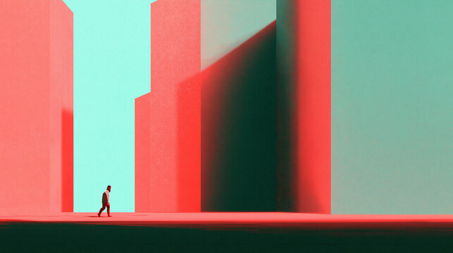 Surreal Minimalist Architecture with Small Figure Walking in Urban Landscape