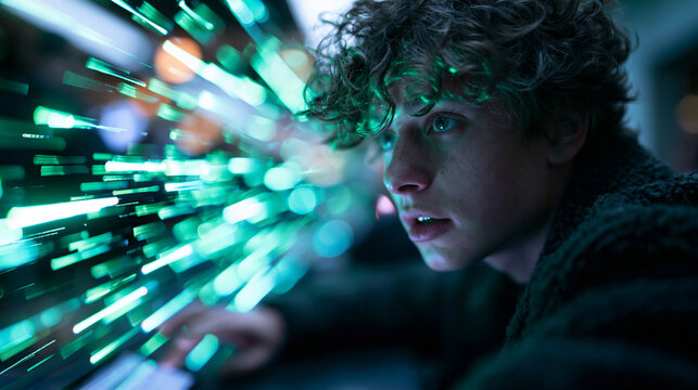 Teenager Immersed in Futuristic Virtual Reality and Data Interface